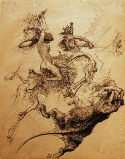 Naga kobieta na szkielecie i diabła na pterodaktyla autorstwa Heinrich Kley