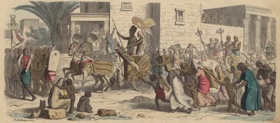 Starożytny egipski faraon wyruszający na wojnę (kolorowy grawerunek) autorstwa Heinrich Leutemann