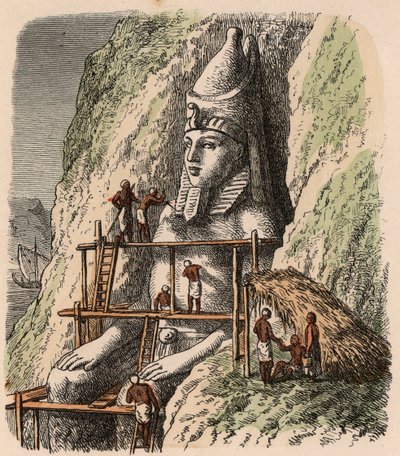 Starożytny Egipt: Rzeźbienie posągu w świątyni Abu Simbel, 1866 r. autorstwa Heinrich Leutemann