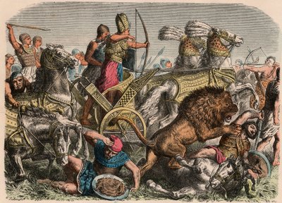 Starożytny Egipt: Faraon Ramzes II walczący z lwami bojowymi armii hetyckiej w Qadesh, 1274 pne, 1866 autorstwa Heinrich Leutemann