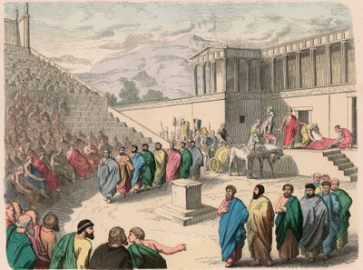 Starożytna Grecja: Teatr - Produkcja tragedii Agamemnon autorstwa Heinrich Leutemann