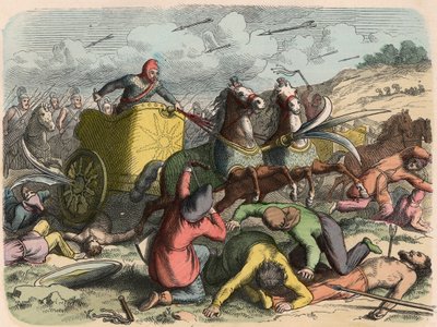 Starożytny Orient, perski powóz wojenny podczas bitwy autorstwa Heinrich Leutemann