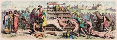 Okres archaiczny w Grecji: kremacja bohatera z ofiarą ze zwierząt i ludzi autorstwa Heinrich Leutemann