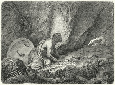 Arystomenes uciekający z dołu, do którego został wrzucony przez Spartan (rycina) autorstwa Heinrich Leutemann