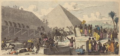 Budowa piramid w starożytnym Egipcie (kolorowy grawerunek) autorstwa Heinrich Leutemann