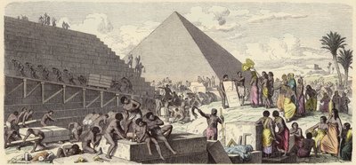 Budowa piramid w starożytnym Egipcie (kolorowy grawerunek) autorstwa Heinrich Leutemann