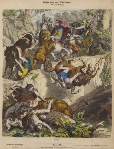Polowanie na lwy kartagińskie (kolorowy grawerunek) autorstwa Heinrich Leutemann