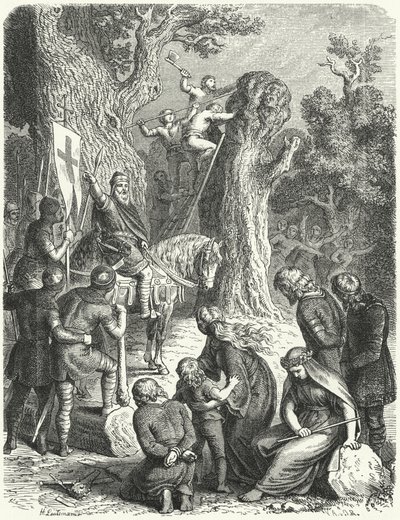 Karol Wielki nakazuje ścięcie Irmensaule, świętego dębu Sasów, 772 (rycina) autorstwa Heinrich Leutemann