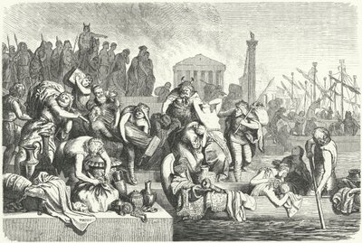 Wyjazd floty Wandalów obładowanej łupami ze zrabowanego miasta (rycina) autorstwa Heinrich Leutemann