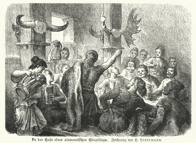 Uczta w sali germańskiego wodza (rycina) autorstwa Heinrich Leutemann