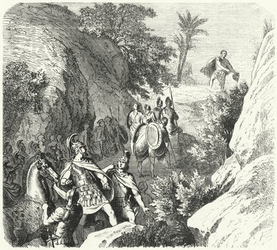 Perseusz Macedoński w marszu przez wąwozy Tesalii (rycina) autorstwa Heinrich Leutemann
