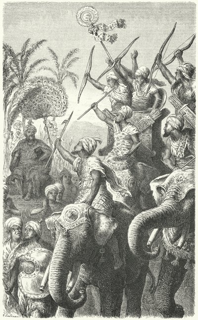 Porus, król Paurawów, przegląd swoich słoni bojowych (rycina) autorstwa Heinrich Leutemann