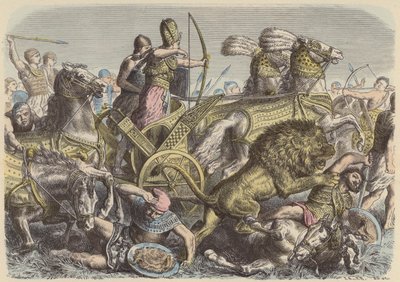 Ramzes Wielki Egiptu na polu bitwy (kolorowy grawerunek) autorstwa Heinrich Leutemann