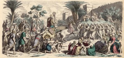 Przyjęcie zwycięskiej armii asyryjskiej (kolorowy grawerunek) autorstwa Heinrich Leutemann