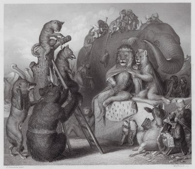 Reynard Lis: Reynard na miejscu egzekucji (rycina) autorstwa Heinrich Leutemann