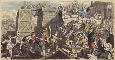 Żołnierze rzymscy szturmujący miasto (kolorowy grawerunek) autorstwa Heinrich Leutemann
