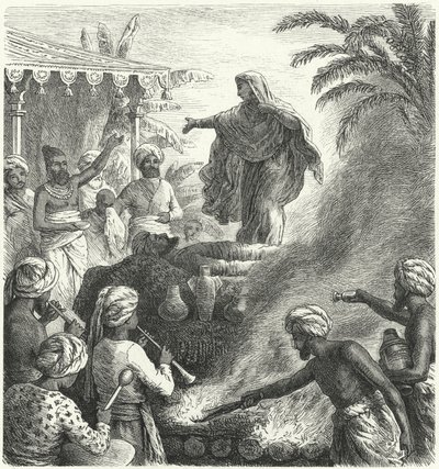 Suttee, hinduski zwyczaj pogrzebowy (grawerowanie) autorstwa Heinrich Leutemann