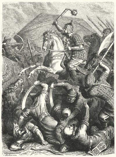 Kozacki dowódca wojskowy Jermak Timofiejewicz w walce z Tatarami Kuczum-chana (rycina) autorstwa Heinrich Leutemann