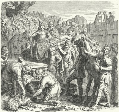 Pochówek króla Wizygotów Alaryka I w korycie rzeki Busento, 410 (rycina) autorstwa Heinrich Leutemann
