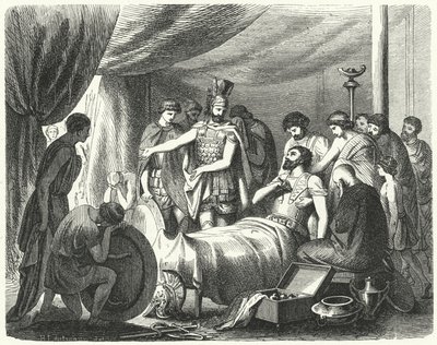 Śmierć Epaminondasa, 362 pne (grawerowanie) autorstwa Heinrich Leutemann