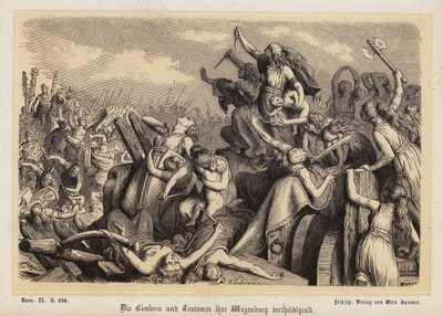 Kobiety Cymbrów i Teutonów broniące swojego pociągu bagażowego przed Rzymianami (rycina) autorstwa Heinrich Leutemann