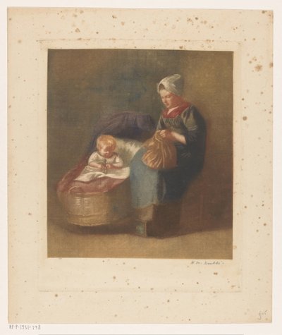 Kobieta rękodzieła obok dziecka łóżeczko autorstwa Heinrich M. Krabbé (signed by artist)