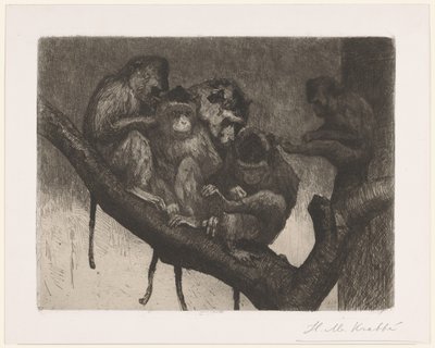 Pięć małp na drzewie autorstwa Heinrich M. Krabbé (signed by artist)