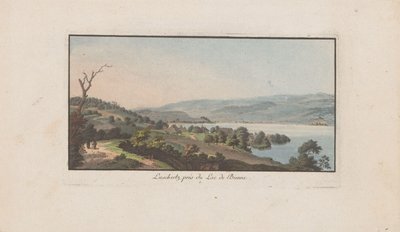Widok Lüscherz na Bielersee Luschertz, niedaleko Lac de Bienne (tytuł na obiekcie) Krajobrazy w Szwajcarii (tytuł serii) Zbiór kilku perspektyw w Szwajcarii (tytuł serii) autorstwa Heinrich Rieter