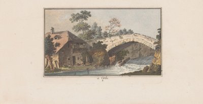 Dom przy moście nad rzeką w Orbe à Orbe (tytuł na obiekcie) Krajobrazy w Szwajcarii (tytuł serii) Sammlung einiger Aussichten in der Schweiz (tytuł serii) autorstwa Heinrich Rieter