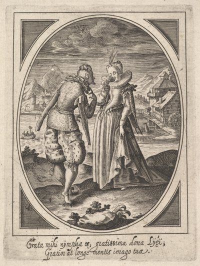 Mężczyzna podchodzi do kobiety, która trzyma kielich przy ustach, młyn wodny i wierzchowiec..., ok. godz. 1585-1621. autorstwa Heinrich Ulrich