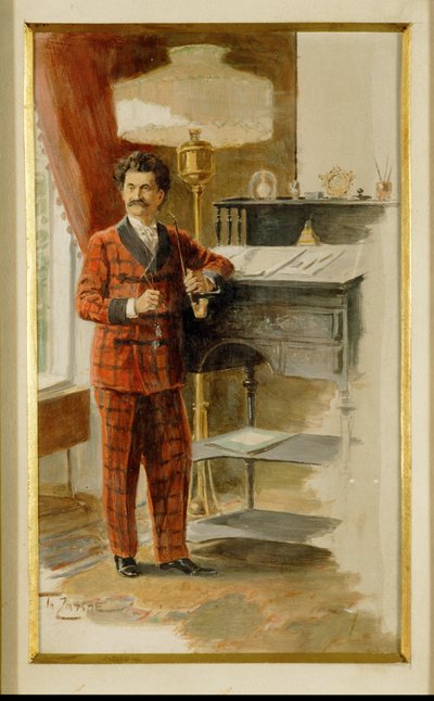 Johann Strauss syn przy wysokim biurku w swoim gabinecie ... (akwarela) autorstwa Heinrich Zasche
