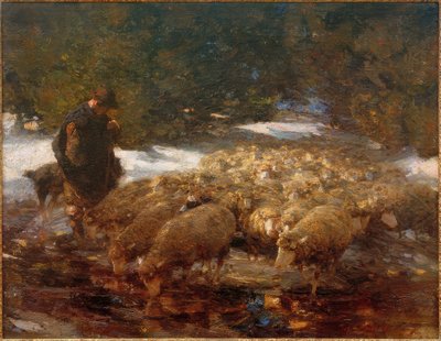 Pasterz z owcami w krajobrazie autorstwa Heinrich von Zügel