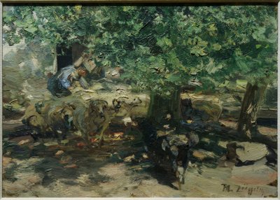 Przed stajnią (stado owiec wpycha się do stajni) autorstwa Heinrich von Zügel