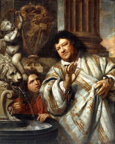 Portret admirała Corneliusa Trompa i pomocnika przy fontannie autorstwa Heironymous Van Orley