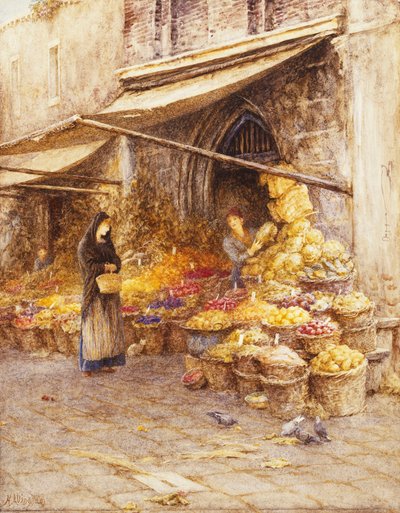 Stragan z owocami u podstawy dzwonnicy, San Giovanni Elemosinario, w pobliżu rialto, Wenecja, autorstwa Helen Allingham