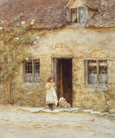 At the Cottage Door (akwarela z wydrapaniem) autorstwa Helen Allingham