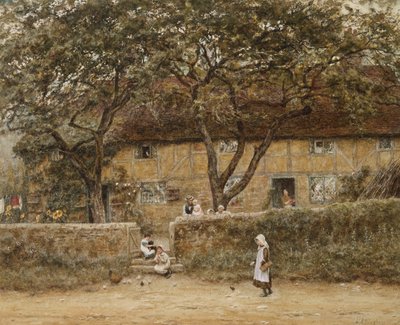 Dzieci przed domkiem (akwarela z wydrapaniem na papierze) autorstwa Helen Allingham
