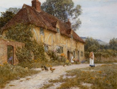 Old Kentish Cottage (akwarela z wydrapaniem na papierze) autorstwa Helen Allingham