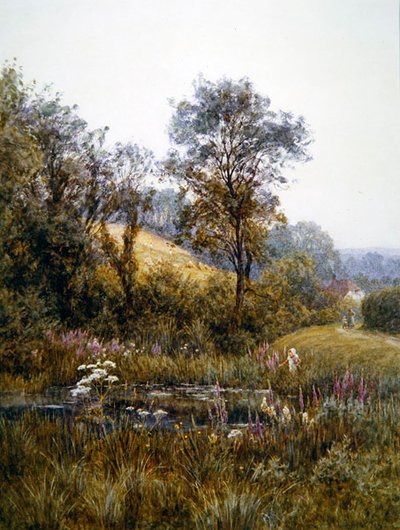 Zbieranie kwiatów nad stawem (akwarela i wydrapywanie na papierze) autorstwa Helen Allingham