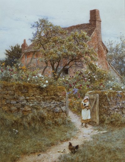 Czarny kotek (akwarela z wydrapaniem) autorstwa Helen Allingham