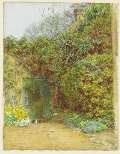 The Dairy Door, Farringford, Lord Tennysons Home, ok. 1890 (toaleta, guma arabska i drapanie na papierze tkanym) autorstwa Helen Allingham