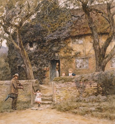 Skrzypek (akwarela z wydrapaniem) autorstwa Helen Allingham