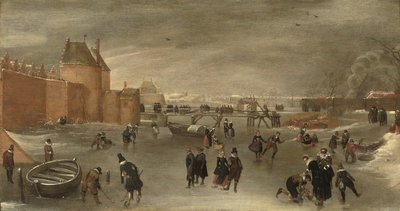 Łyżwiarze, gracze na kolfach i sanki na zamarzniętej rzece w pobliżu bramy miejskiej St. Janspoort, z Kruispoort w tle i Różowym młynem za nim, Haarlem (olej na panelu) autorstwa Hendrick Avercamp (studio of)