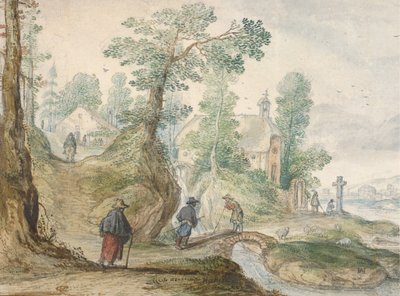 Zalesiony pejzaż rzeczny z kościołem i figurami, ca. 1613. autorstwa Hendrick Avercamp