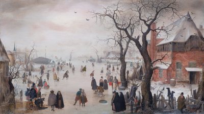 Holenderski: Zimowy krajobraz z łyżwiarzami w pobliżu wioski Zimowy krajobraz z łyżwiarzami w pobliżu wioski autorstwa Hendrick Avercamp