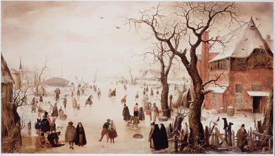Holenderski: Zimowy krajobraz z łyżwiarzami w pobliżu wioski Zimowy krajobraz z łyżwiarzami w pobliżu wioski autorstwa Hendrick Avercamp