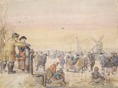 Ciesząc się lodem, 1630 (pióro i toaleta na papierze) autorstwa Hendrick Avercamp
