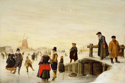 Postacie jeżdżące na łyżwach w holenderskim krajobrazie autorstwa Hendrick Avercamp