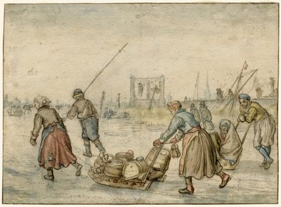 Zimowy krajobraz z dwiema kobietami i saniami i innymi postaciami na lodzie, szubienica w oddali autorstwa Hendrick Avercamp