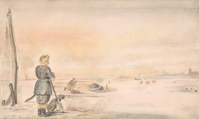 Zimowy pejzaż z myśliwym i jego psem, b.d. autorstwa Hendrick Avercamp